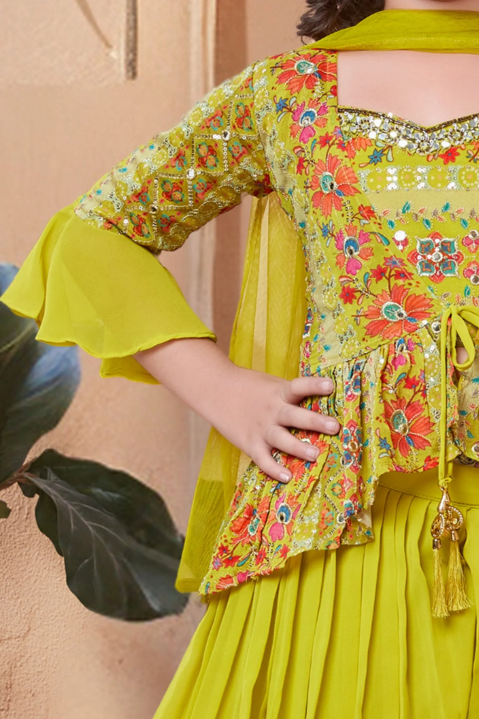 Lemon Green Sequins and Zari work with Digital Print Overcoat Styled Palazzo Set For Girls