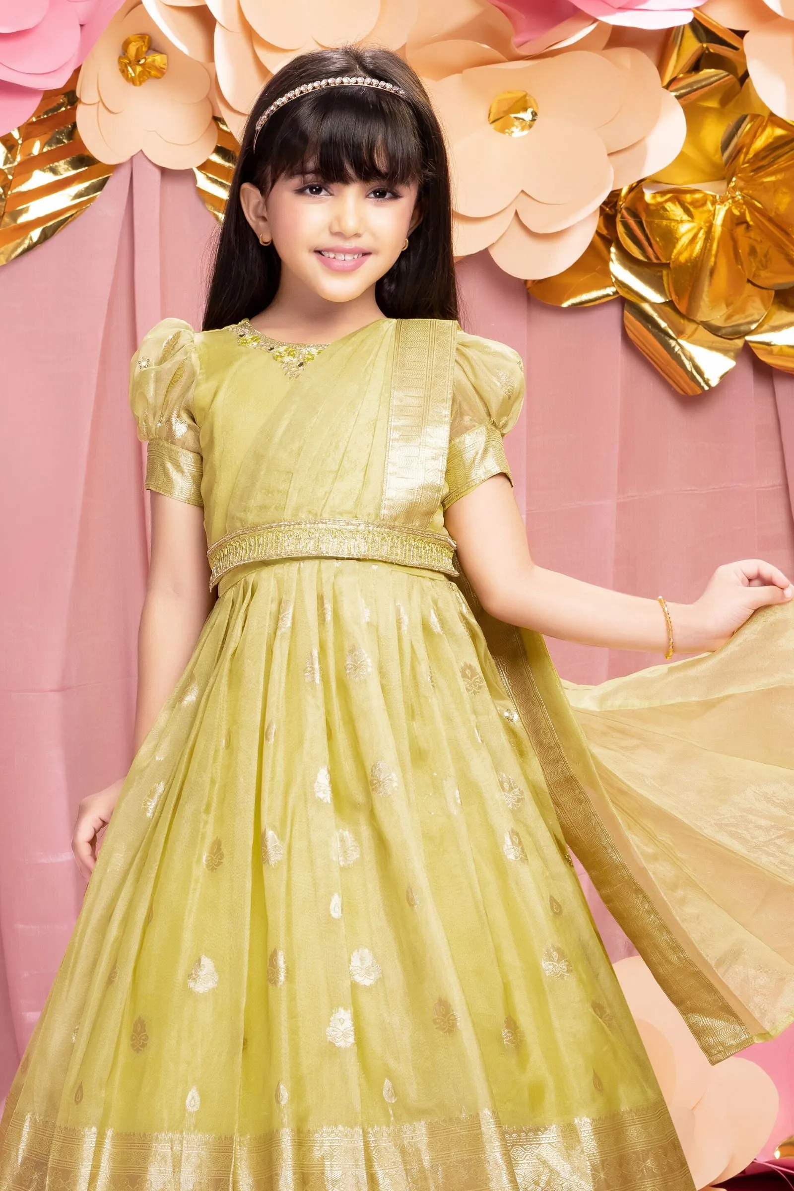 Lemon Yellow Zari, Zardozi, Sequins, Stone and Thread work Long Party Gown for Girls