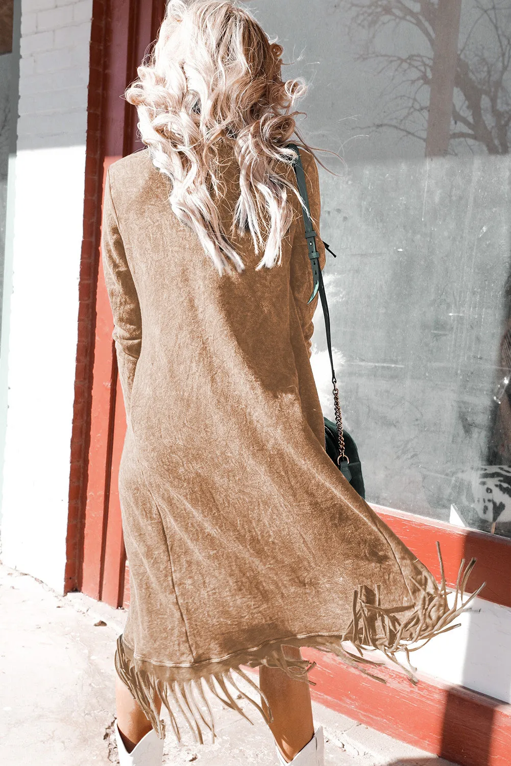 Light French Beige Fringed Hem Pocketed Open Cardigan