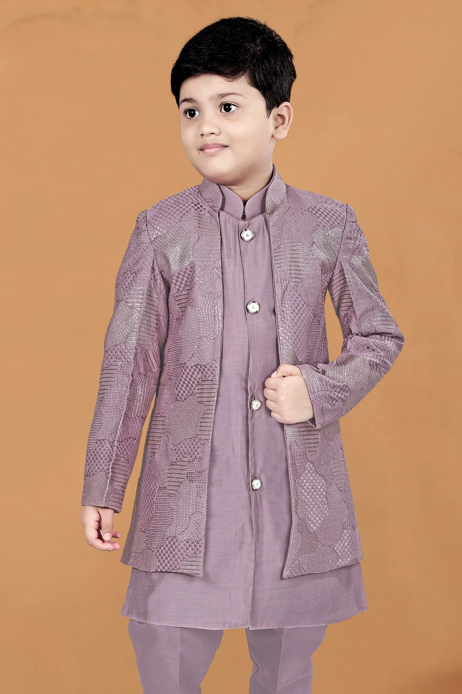 Lilac Zari, Sequins and Thread work Waist Coat Kurta Set for Boys