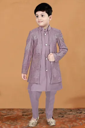 Lilac Zari, Sequins and Thread work Waist Coat Kurta Set for Boys