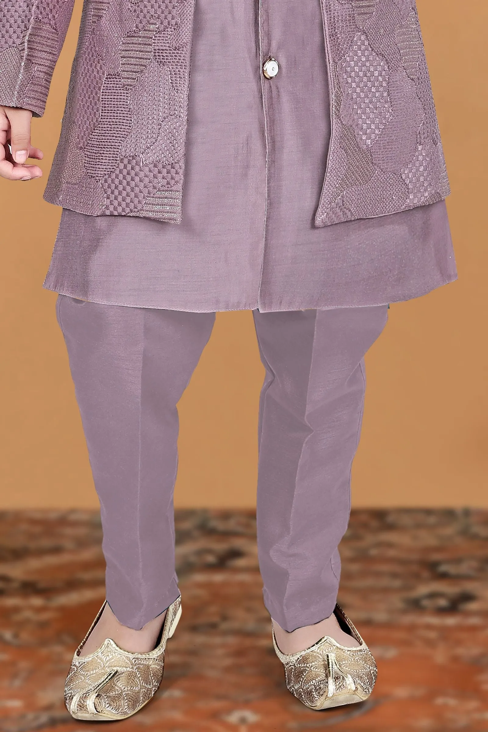 Lilac Zari, Sequins and Thread work Waist Coat Kurta Set for Boys