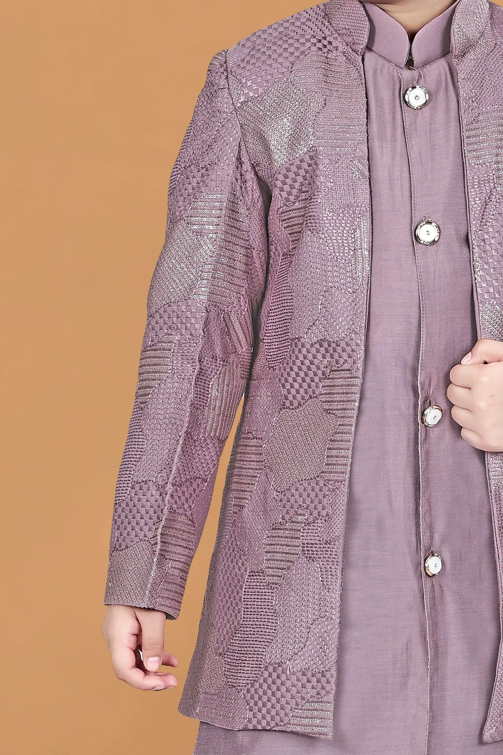 Lilac Zari, Sequins and Thread work Waist Coat Kurta Set for Boys