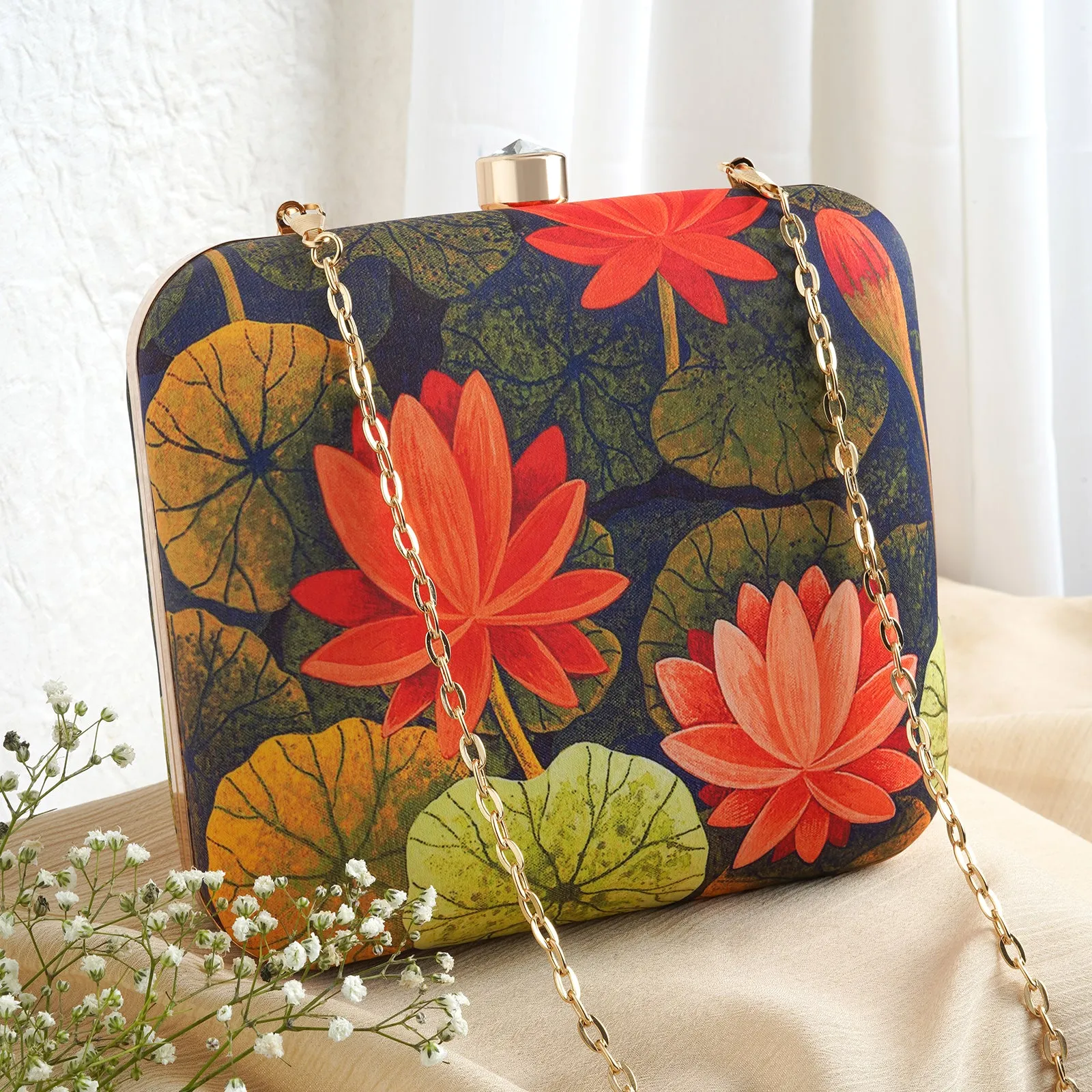 Love and Lotus Navy Blue and Red Printed Clutch