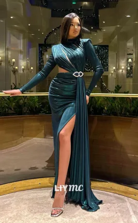 LP1056 - High Neck Draped Long Sleeves Formal Evening Dress with Slit