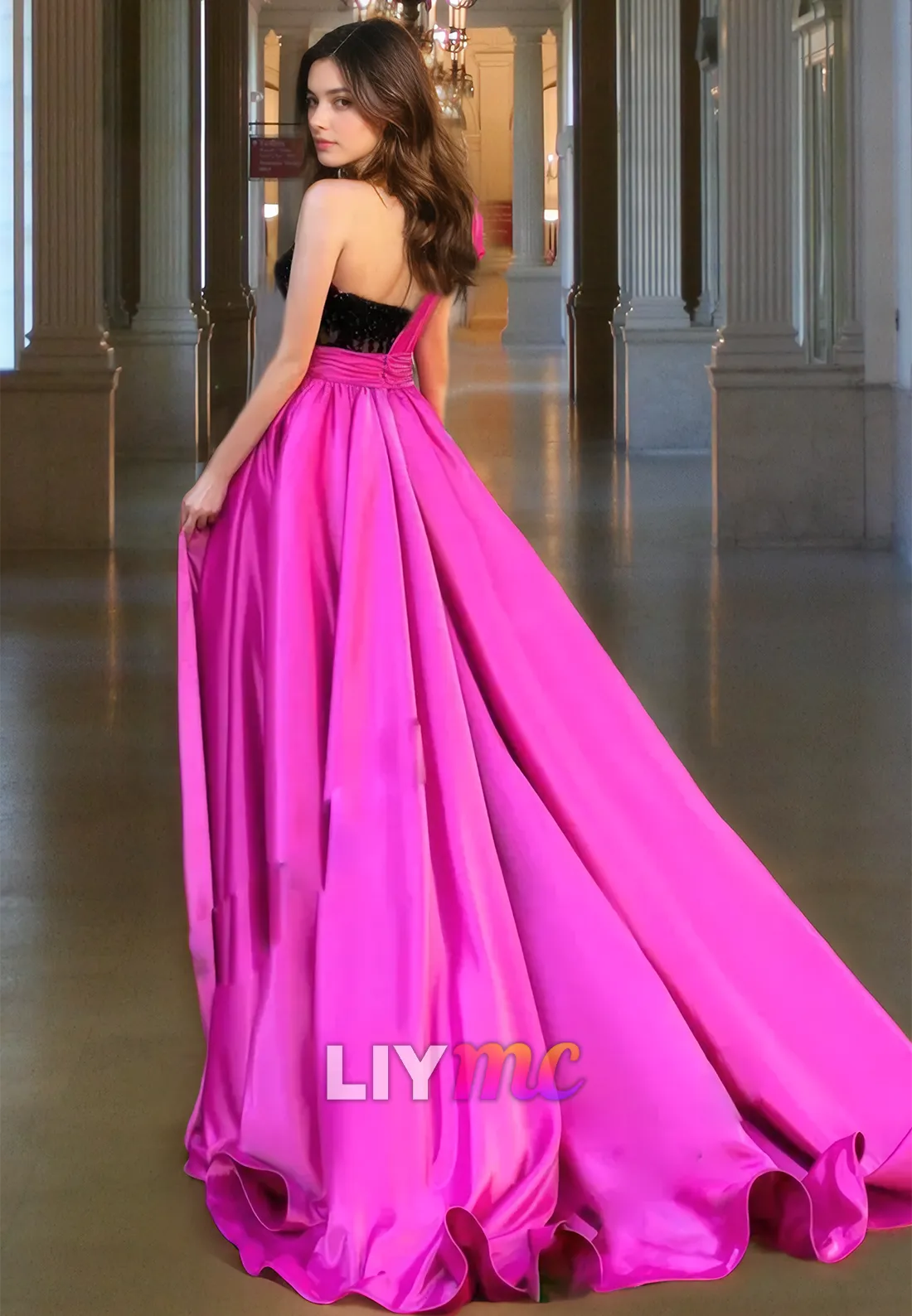 LP1104 - A Line One Shoulder Satin Draped Long Formal Prom Dress with Slit