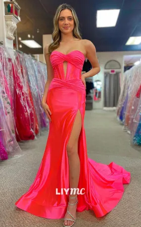 LP1196 - Sweetheart Satin Draped Mermaid Formal Prom Dress with Slit