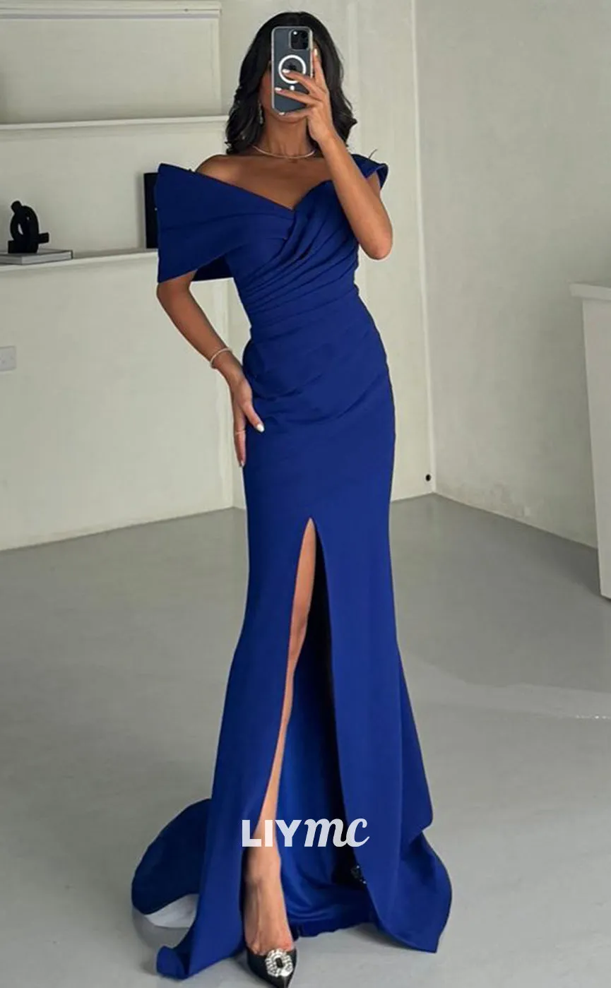 LP1364 - V-Neck Asymmetrical Pleated Ruched Side Slit Satin Mermaid Prom Dress