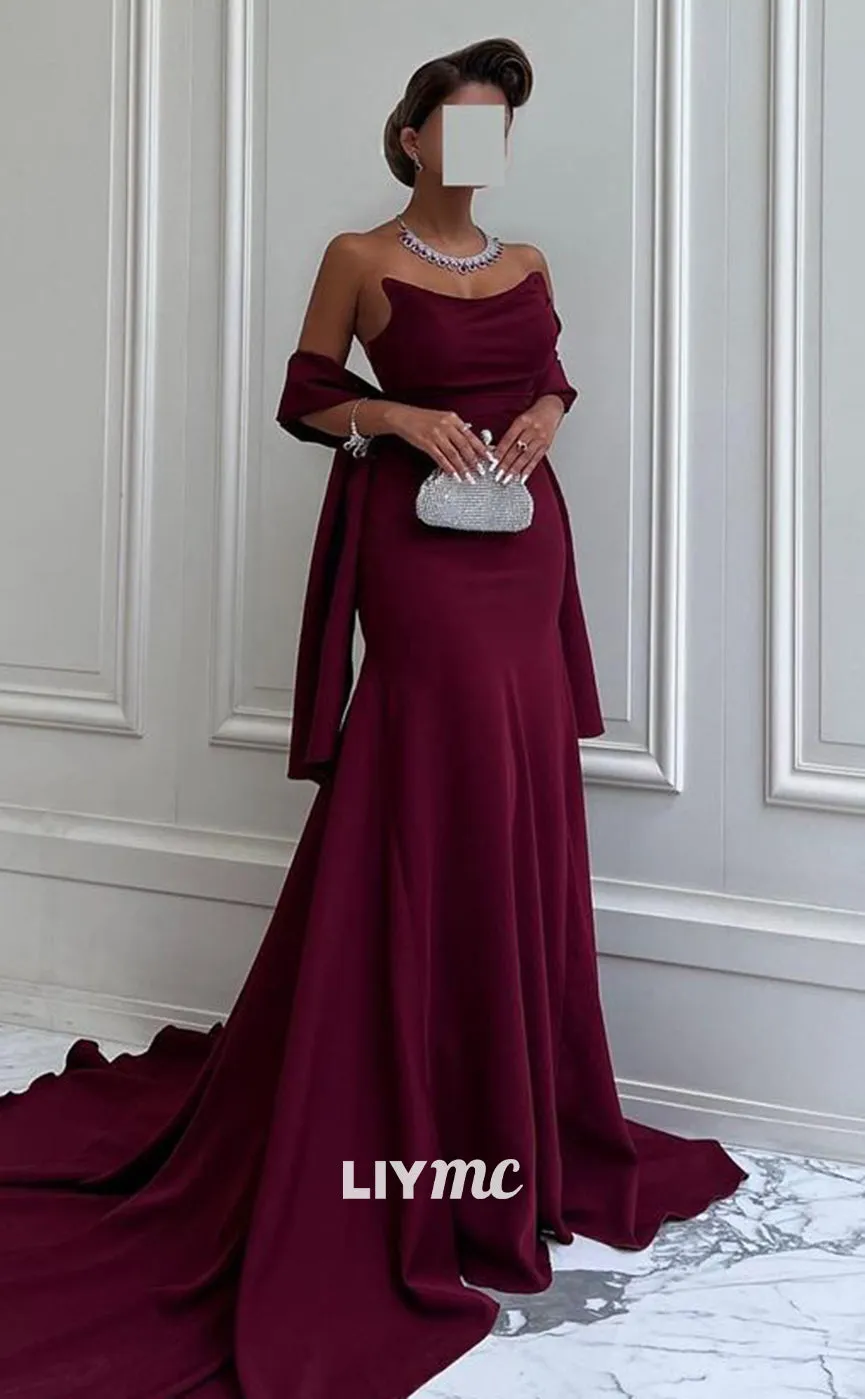 LP1366 - Off-Shoulder Sleeveless Sleek Ruched Satin Mermaid Prom Dress