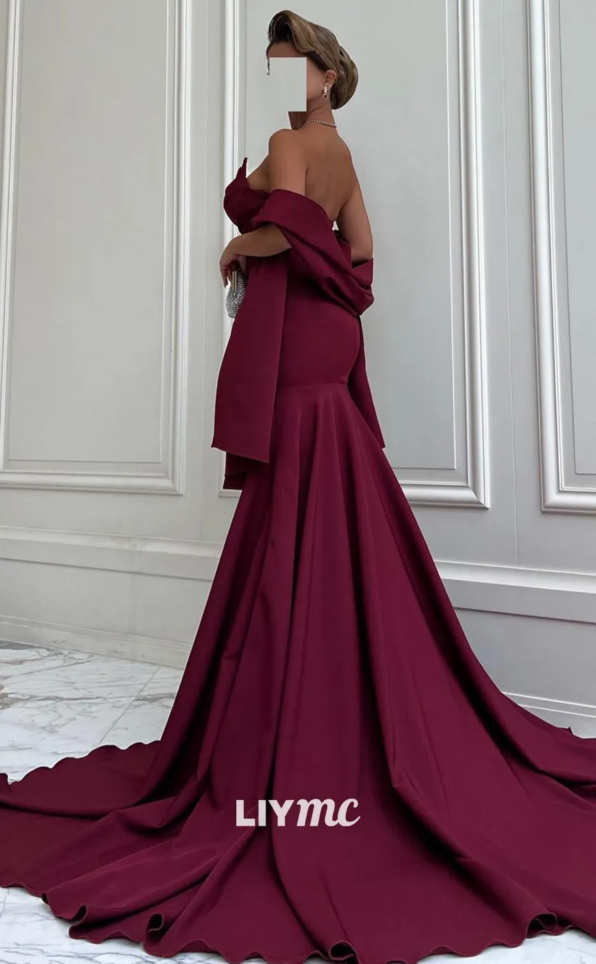 LP1366 - Off-Shoulder Sleeveless Sleek Ruched Satin Mermaid Prom Dress