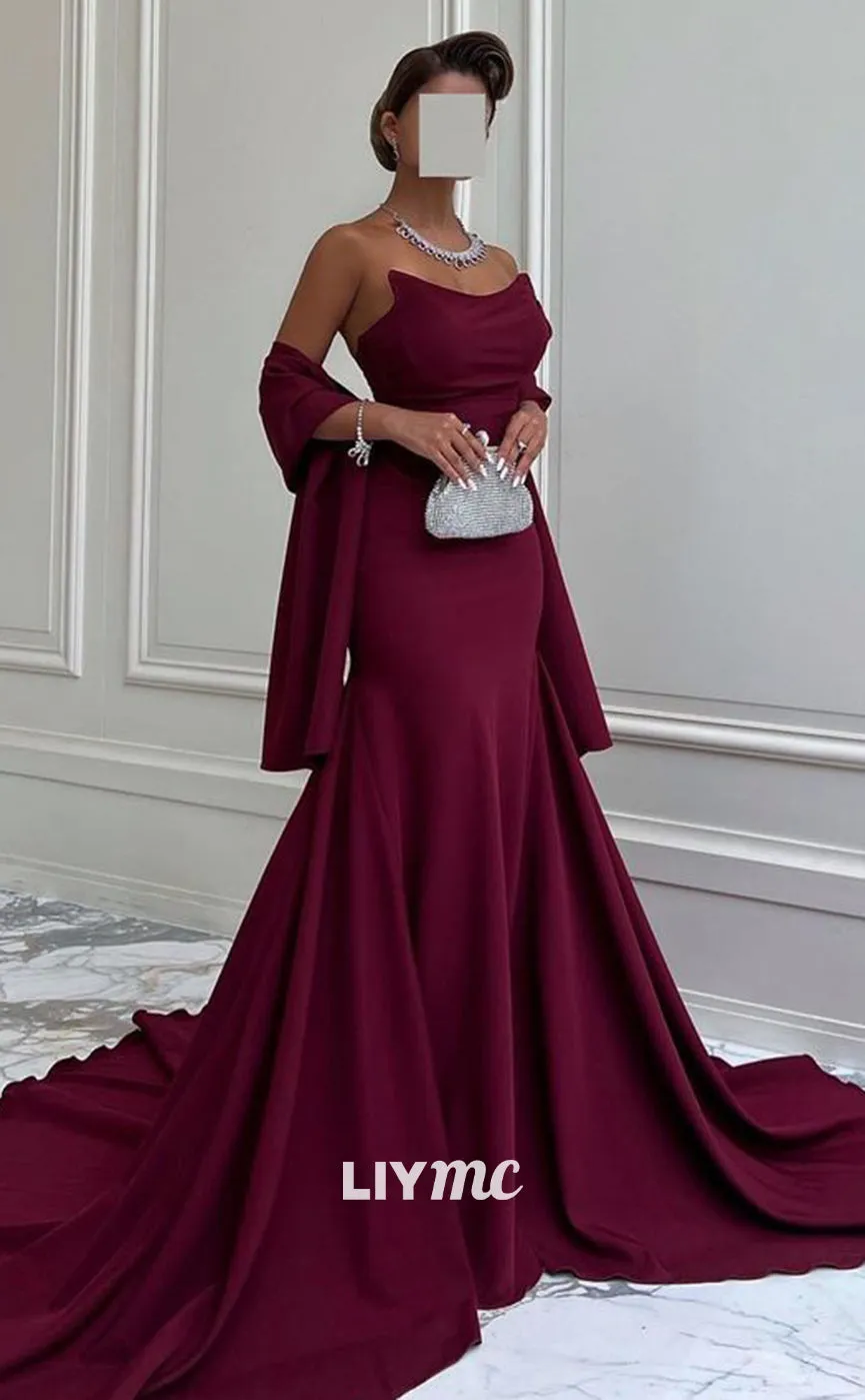 LP1366 - Off-Shoulder Sleeveless Sleek Ruched Satin Mermaid Prom Dress