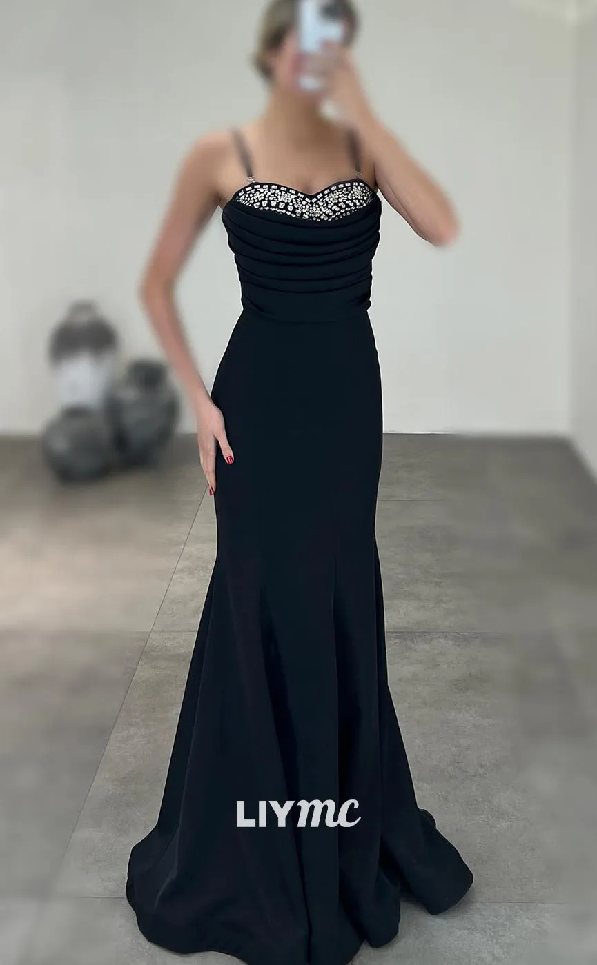 LP1384 - Spaghetti Straps Sleeveless Draped Beaded Sheath Mermaid Prom Dress