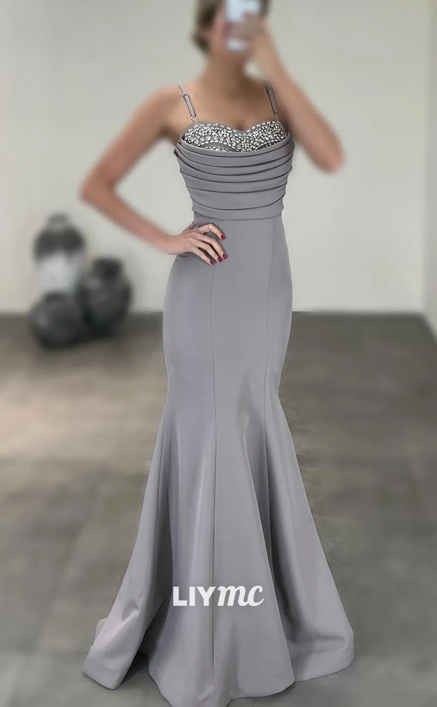 LP1384 - Spaghetti Straps Sleeveless Draped Beaded Sheath Mermaid Prom Dress