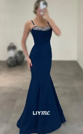 LP1384 - Spaghetti Straps Sleeveless Draped Beaded Sheath Mermaid Prom Dress