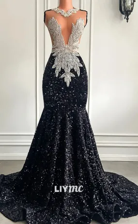 LP1432 - V-Neck Sleeveless Beaded Sequins Sexy Mermaid Prom Dress for Black Girls Slay