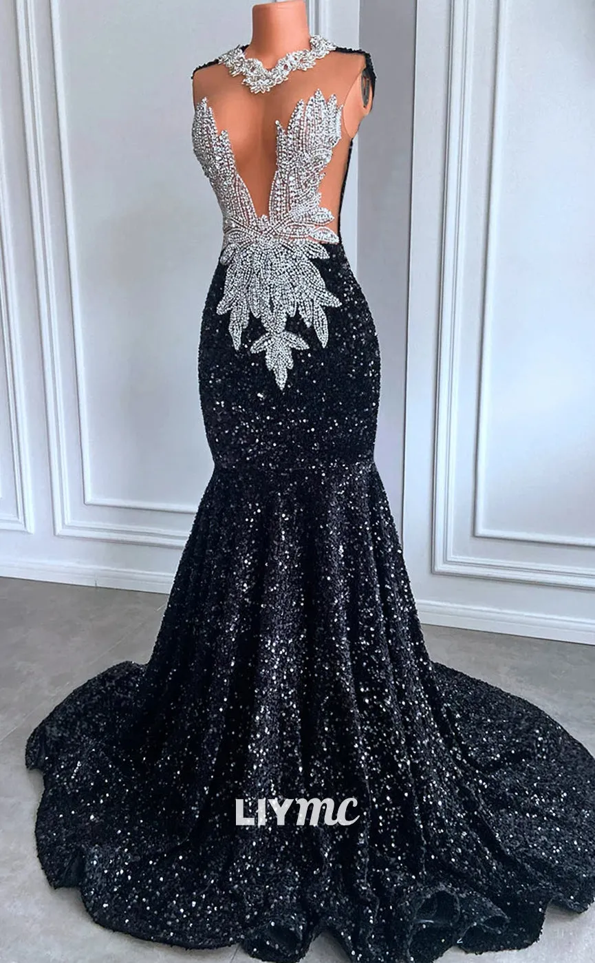 LP1432 - V-Neck Sleeveless Beaded Sequins Sexy Mermaid Prom Dress for Black Girls Slay