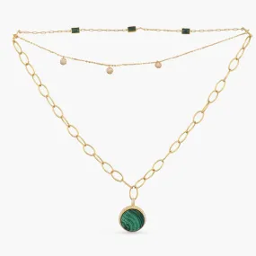 Malachite Three-Layer Round Charm Silver Necklace