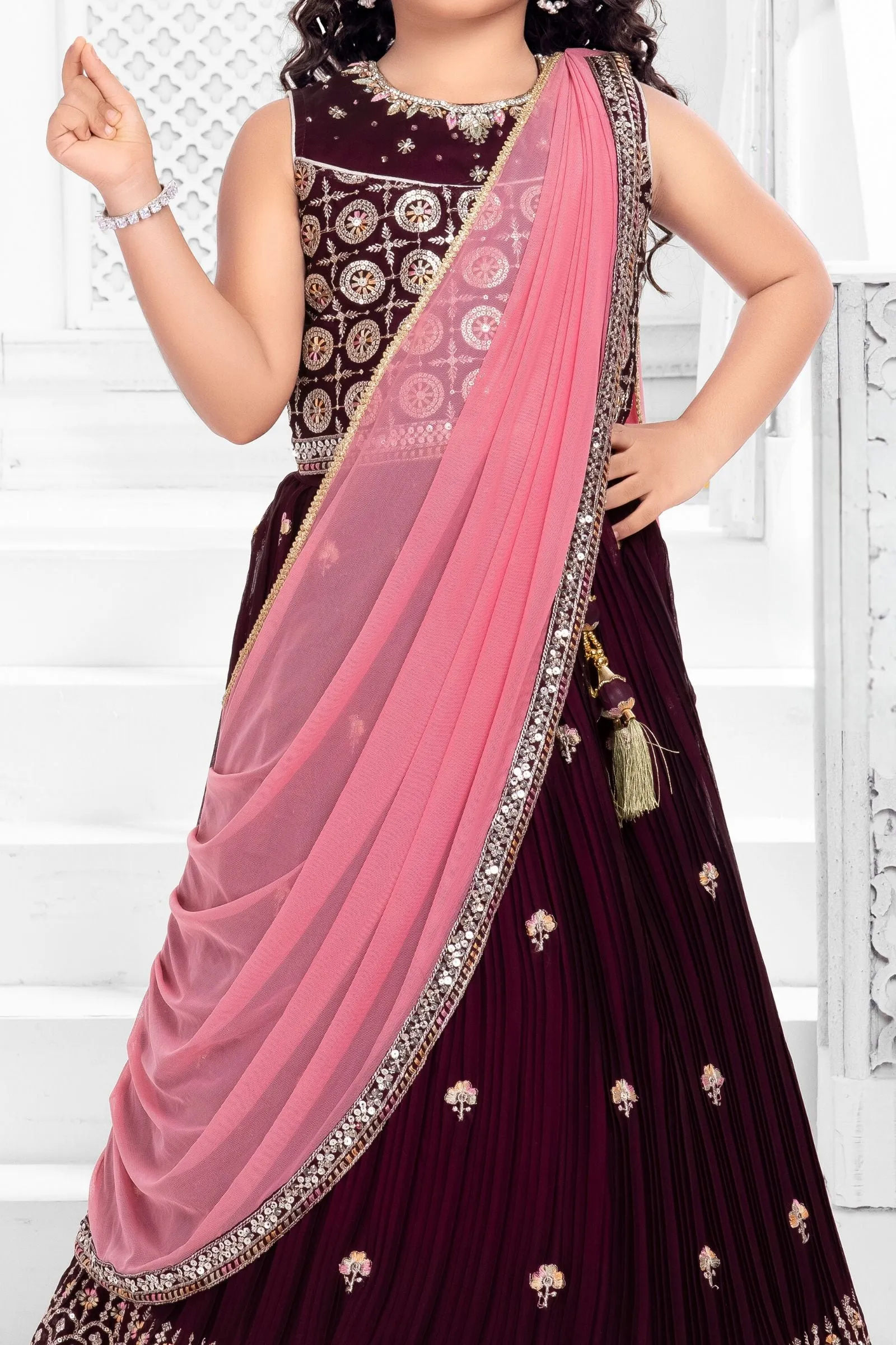 Maroon Sequins, Stone and Thread work Lehenga Choli for Girls