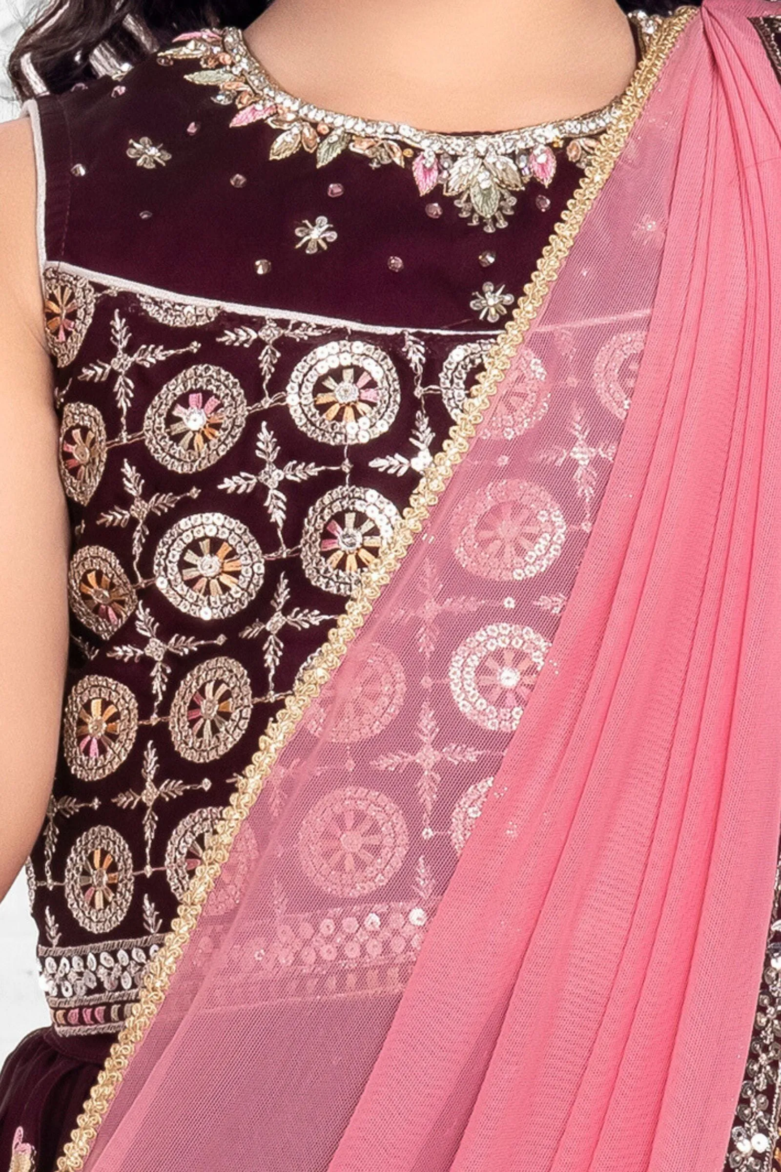 Maroon Sequins, Stone and Thread work Lehenga Choli for Girls