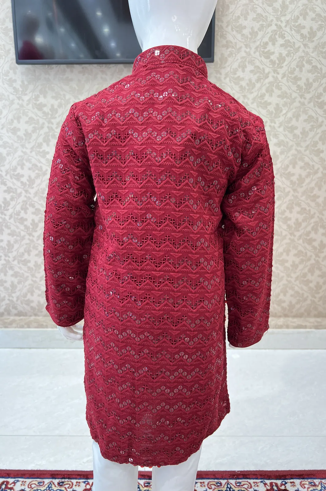 Maroon with White Lucknowi Thread and Sequins work Kurta Set for Boys