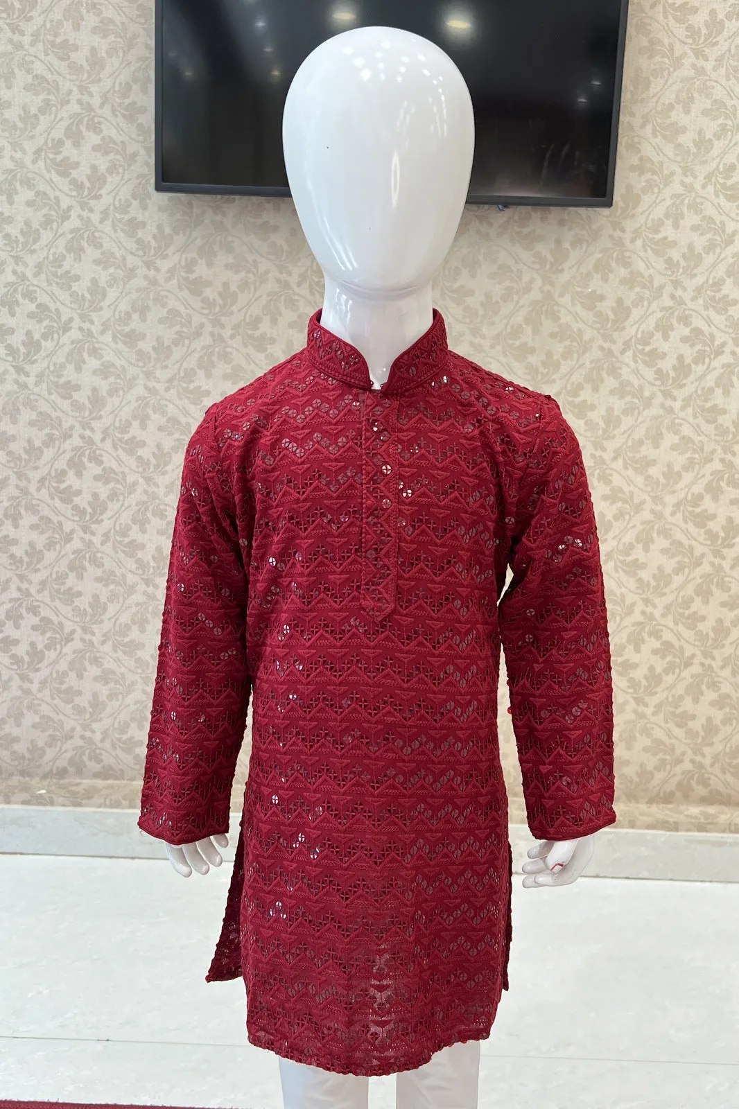 Maroon with White Lucknowi Thread and Sequins work Kurta Set for Boys