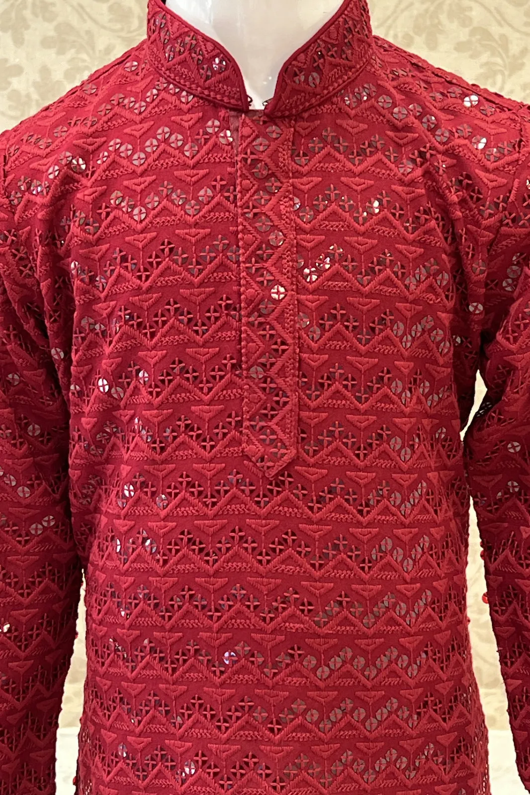 Maroon with White Lucknowi Thread and Sequins work Kurta Set for Boys