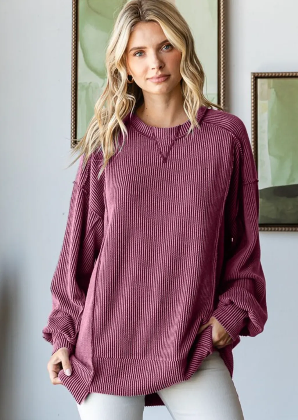 Marsala Ribbed Seam Detail Top