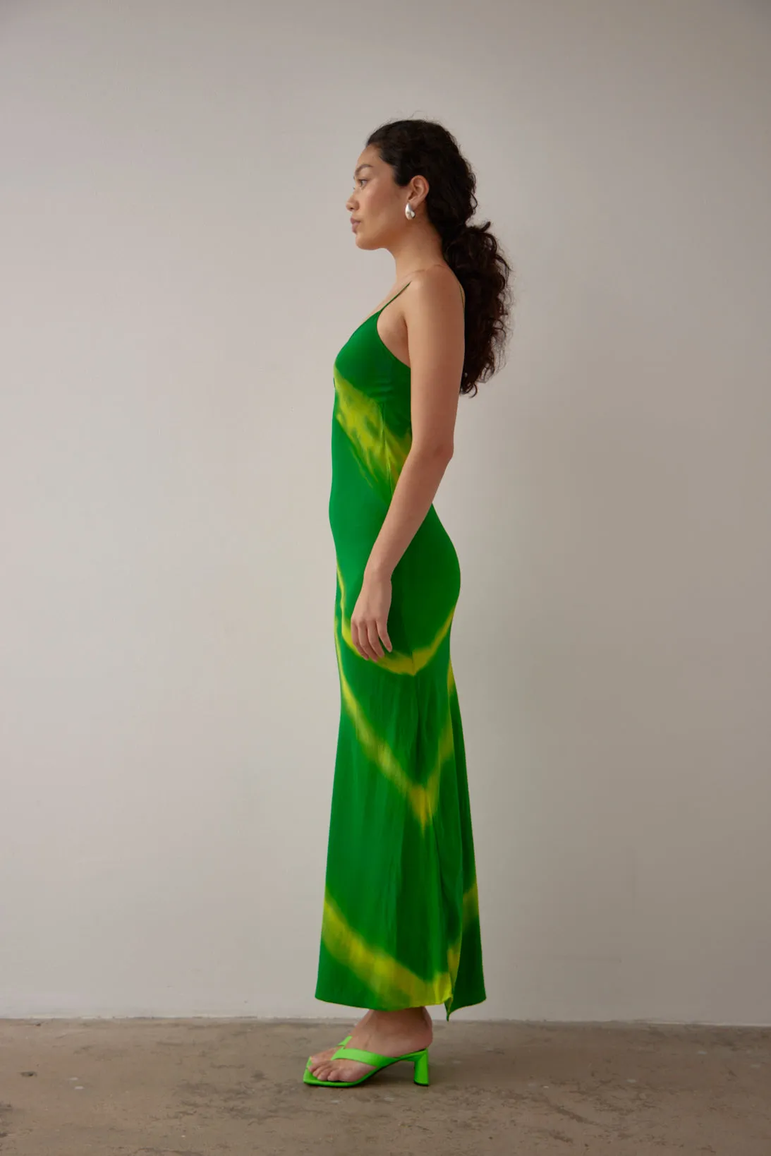 MILKA BIAS CAMI DRESS- GREEN HAND PAINTED SILK SATIN