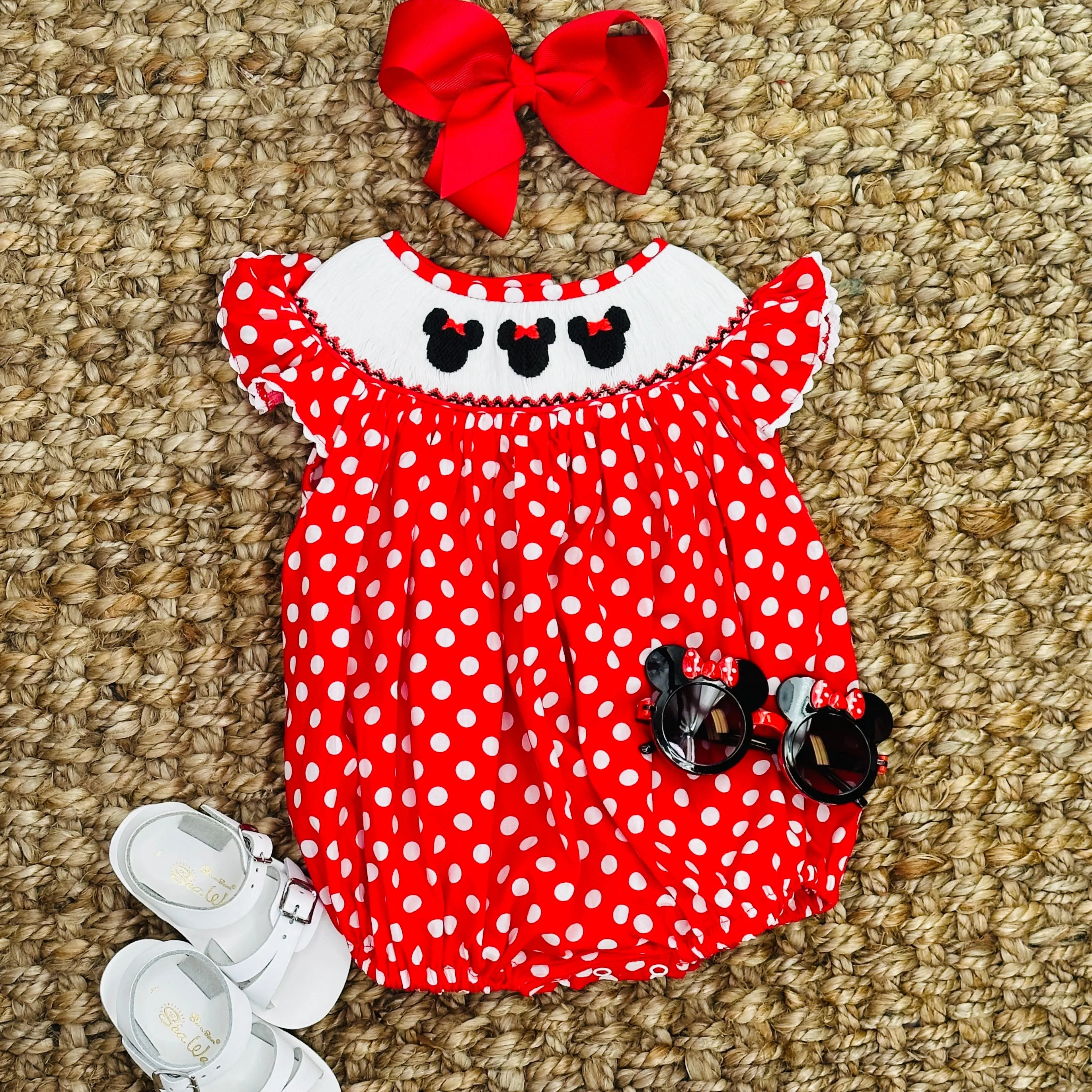 Mouse Ears Smocked Romper in Red Polka Dot