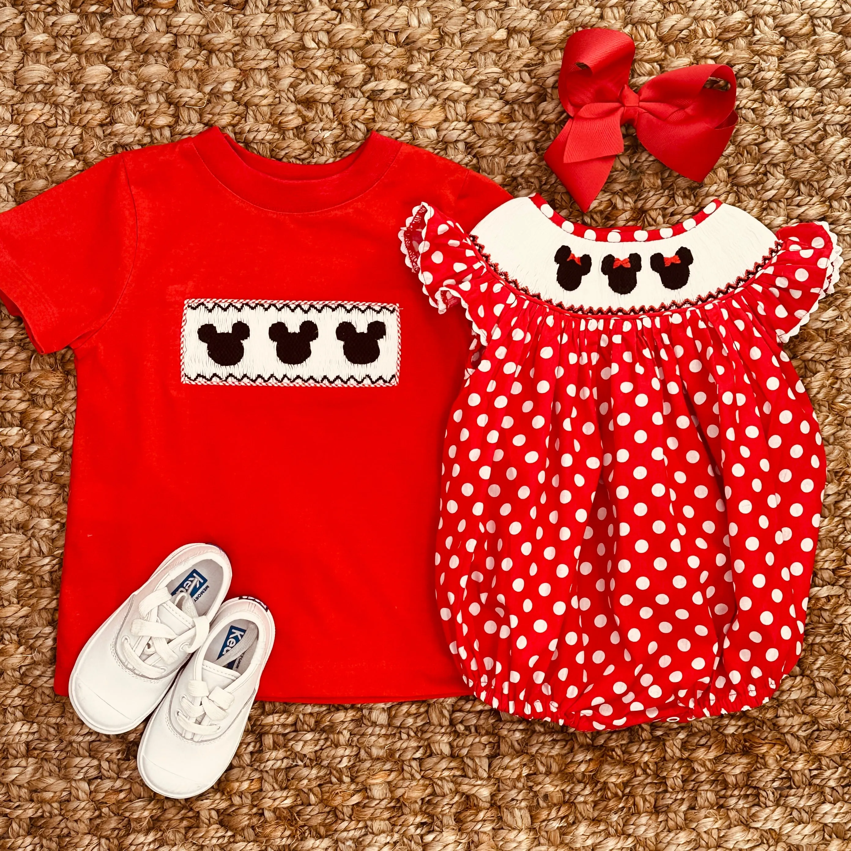 Mouse Ears Smocked Romper in Red Polka Dot