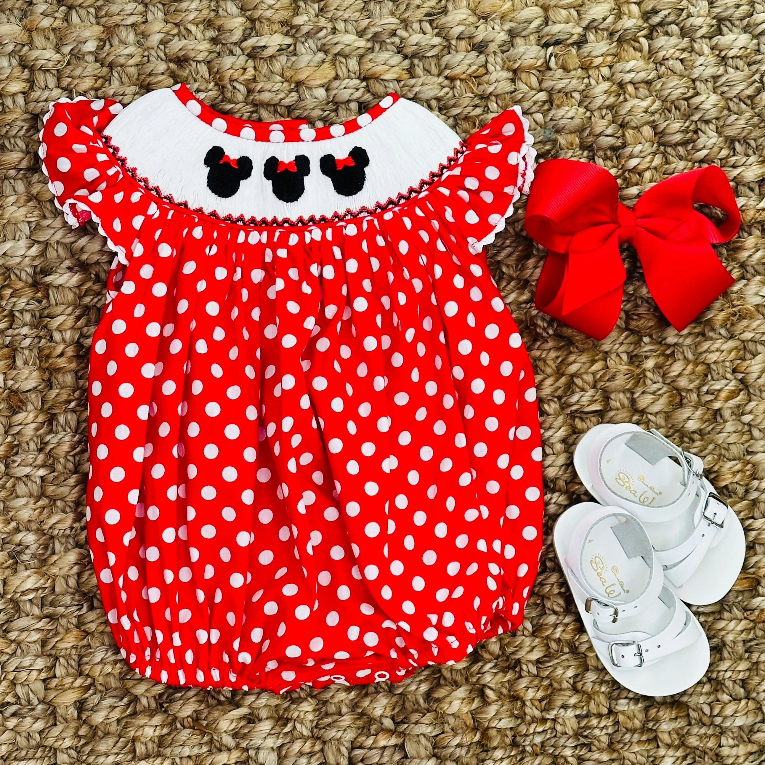 Mouse Ears Smocked Romper in Red Polka Dot