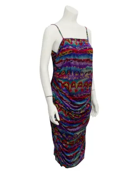 Multi-colored printed ruched dress