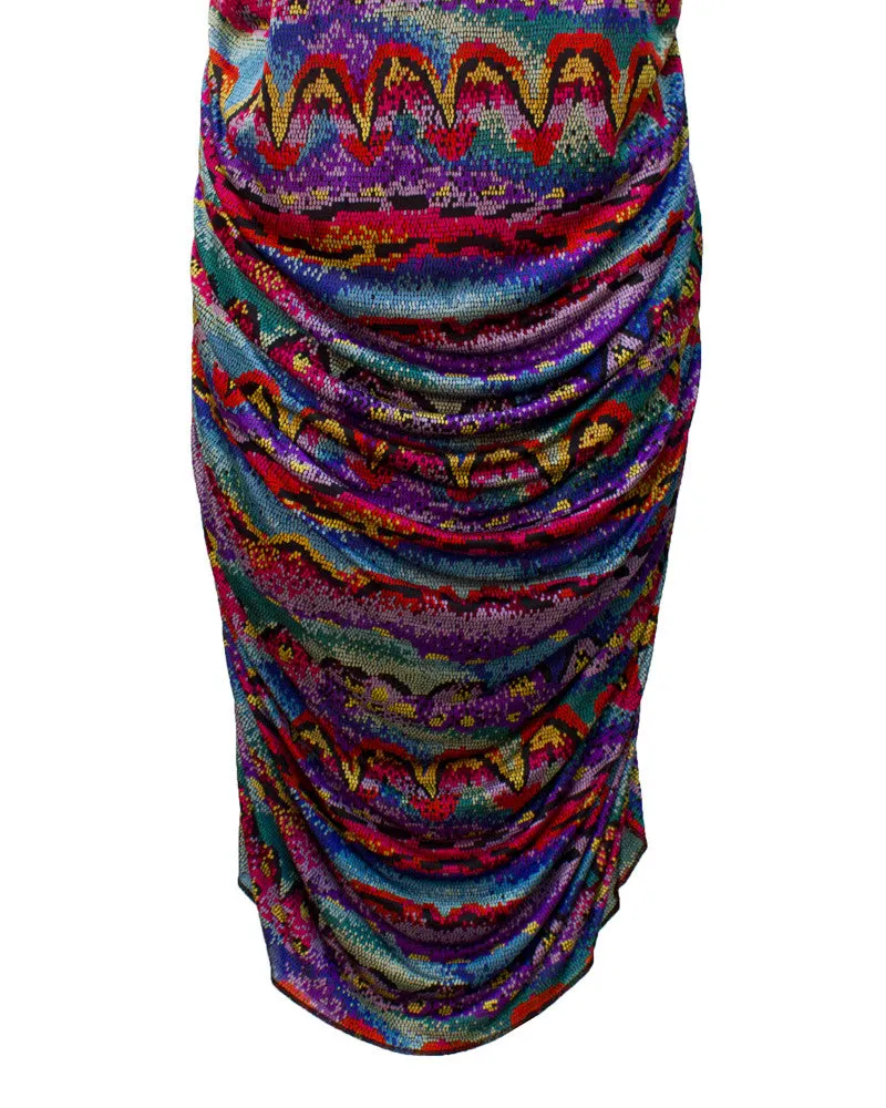 Multi-colored printed ruched dress