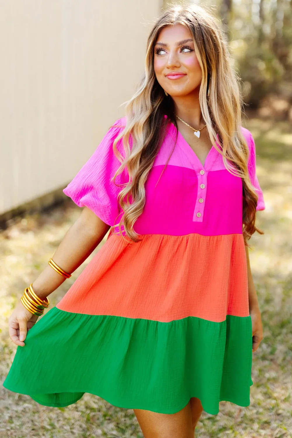 Multicolor Color Block Tiered Puff Sleeve Dress