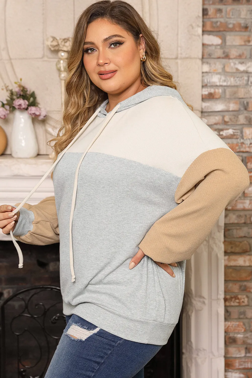 Multicolour Plus Size Colorblock Drop Shoulder Ribbed Hoodie