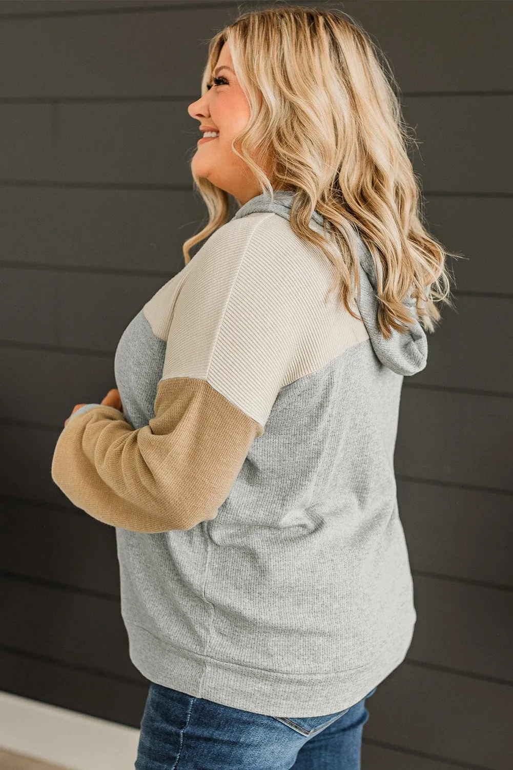 Multicolour Plus Size Colorblock Drop Shoulder Ribbed Hoodie