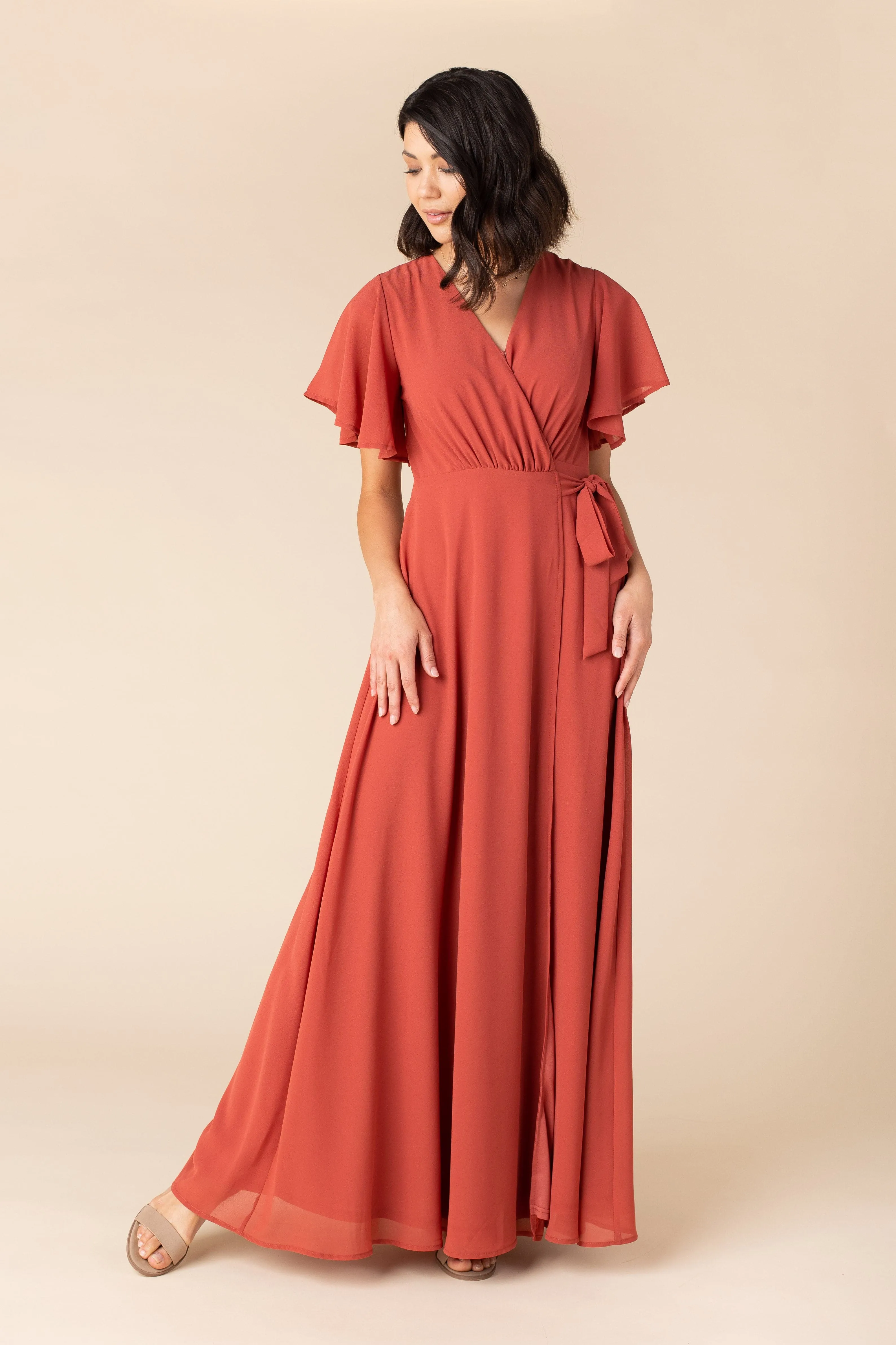 Naples Flutter Sleeve Wrap Maxi - Clay Red