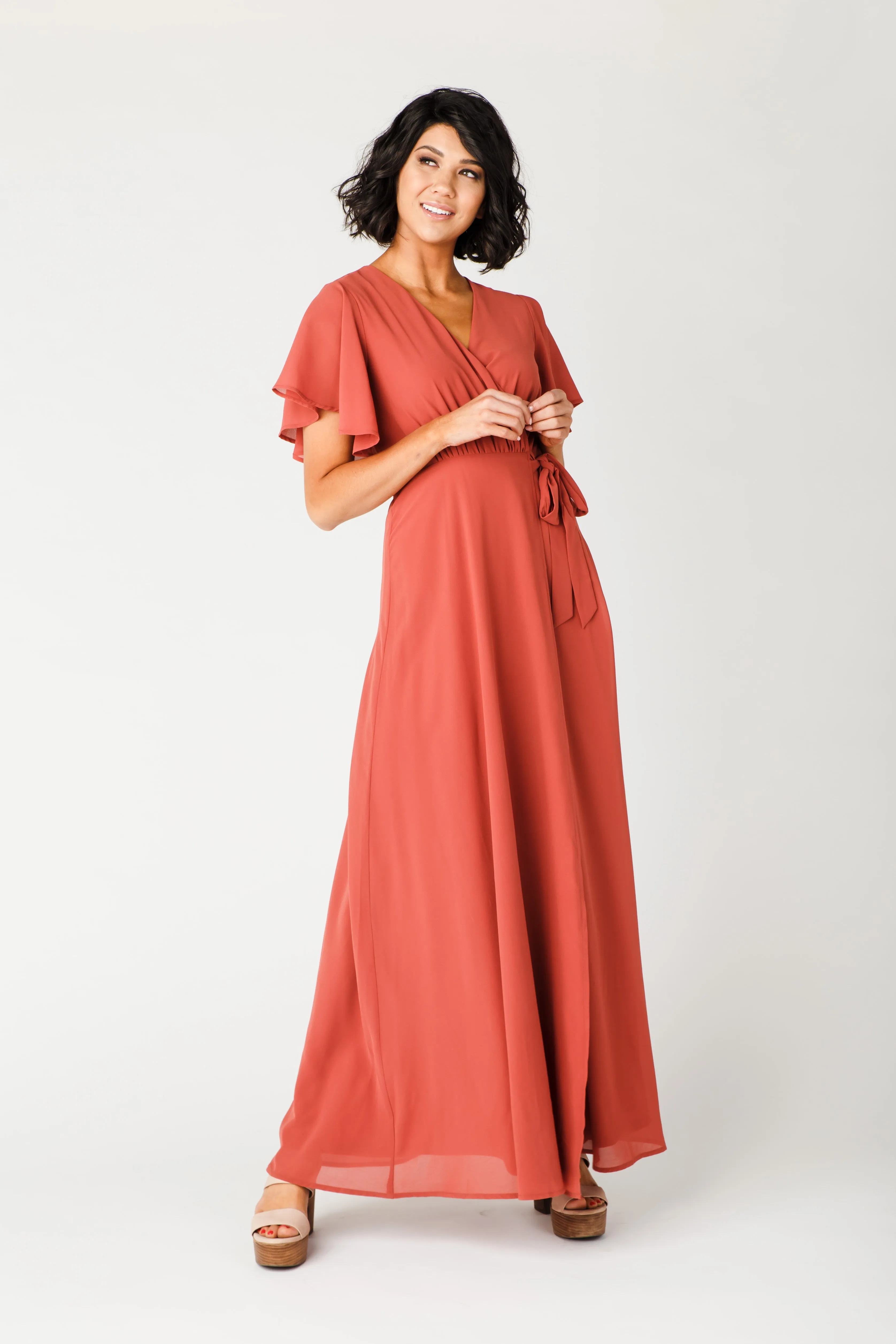 Naples Flutter Sleeve Wrap Maxi - Clay Red