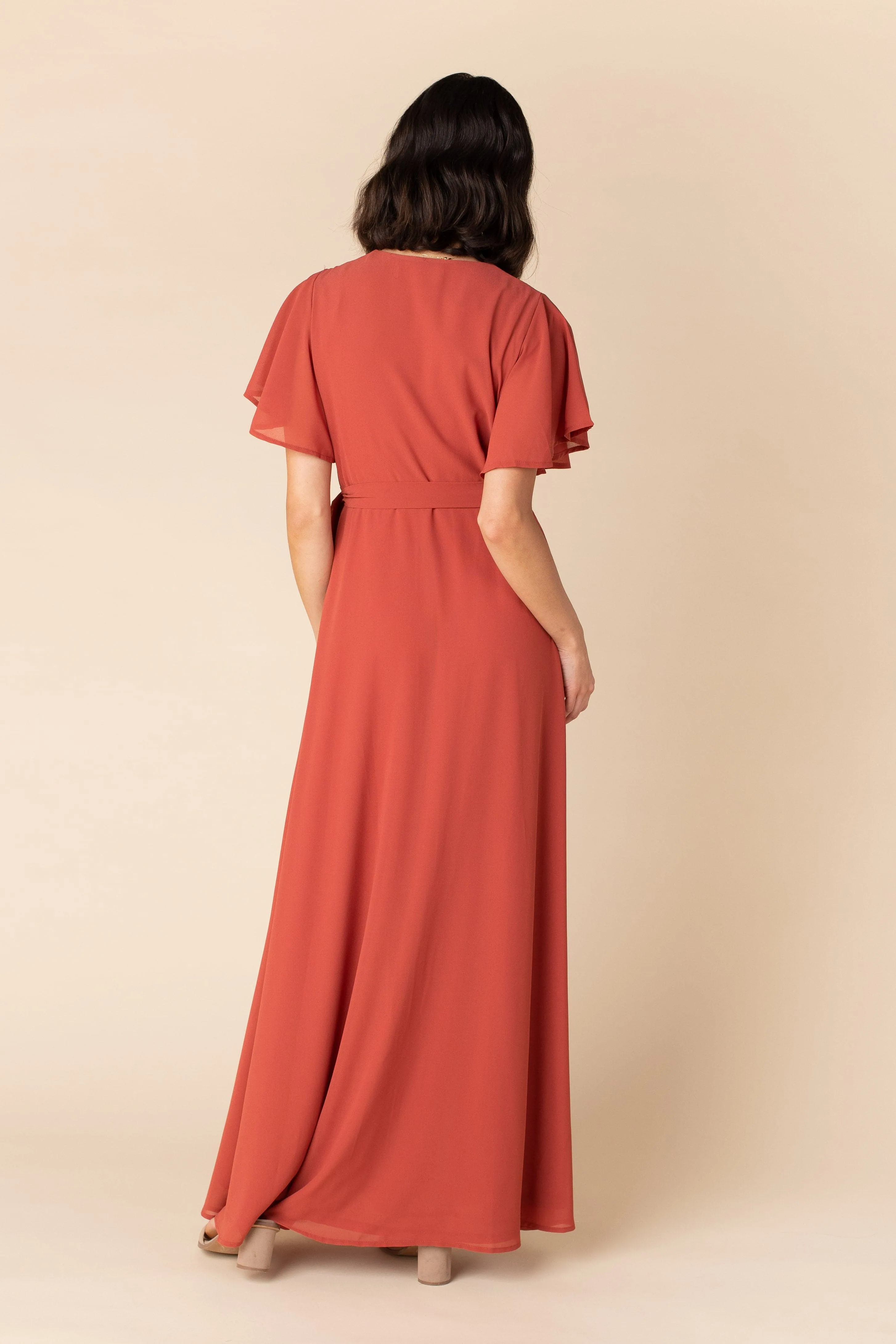 Naples Flutter Sleeve Wrap Maxi - Clay Red