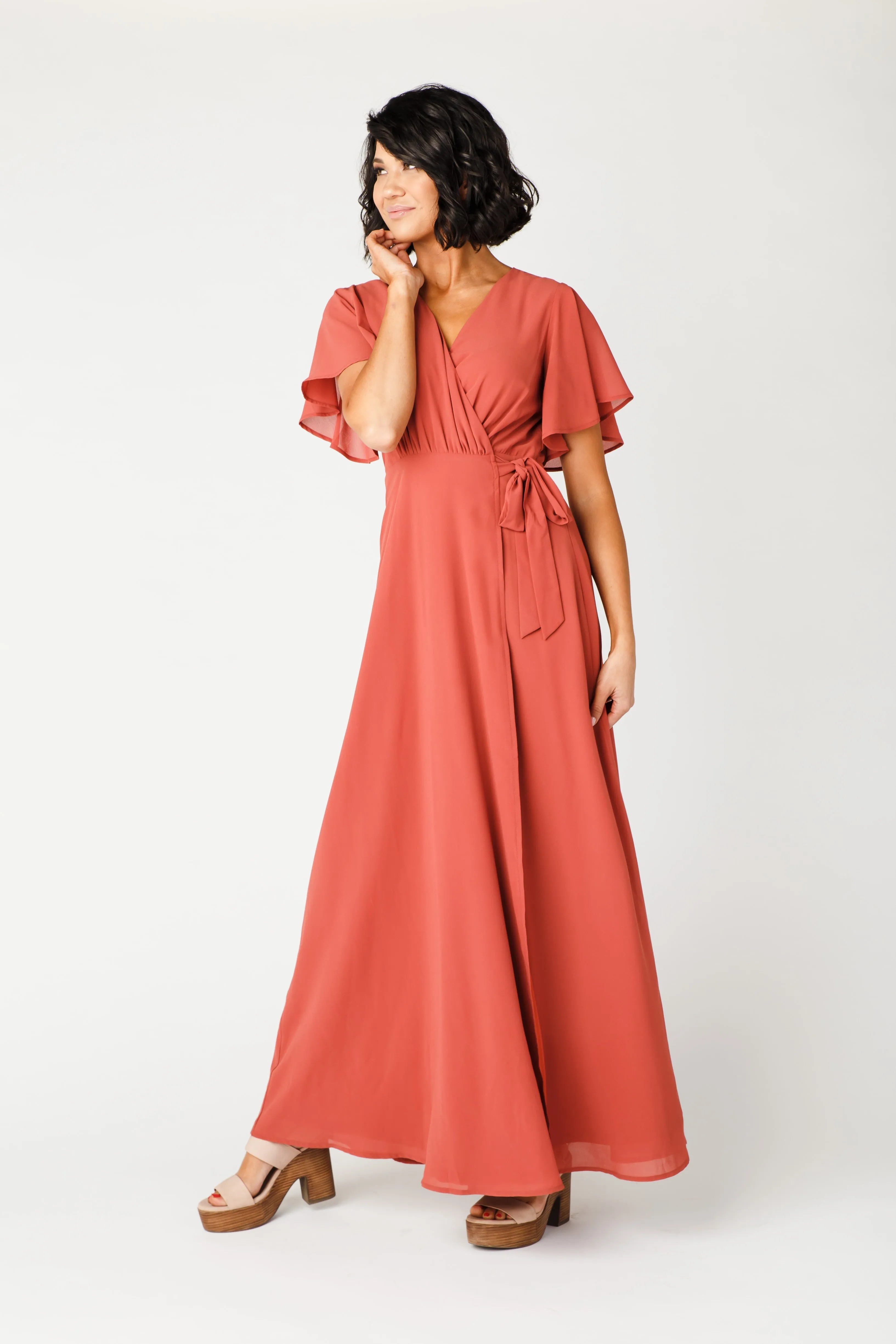 Naples Flutter Sleeve Wrap Maxi - Clay Red