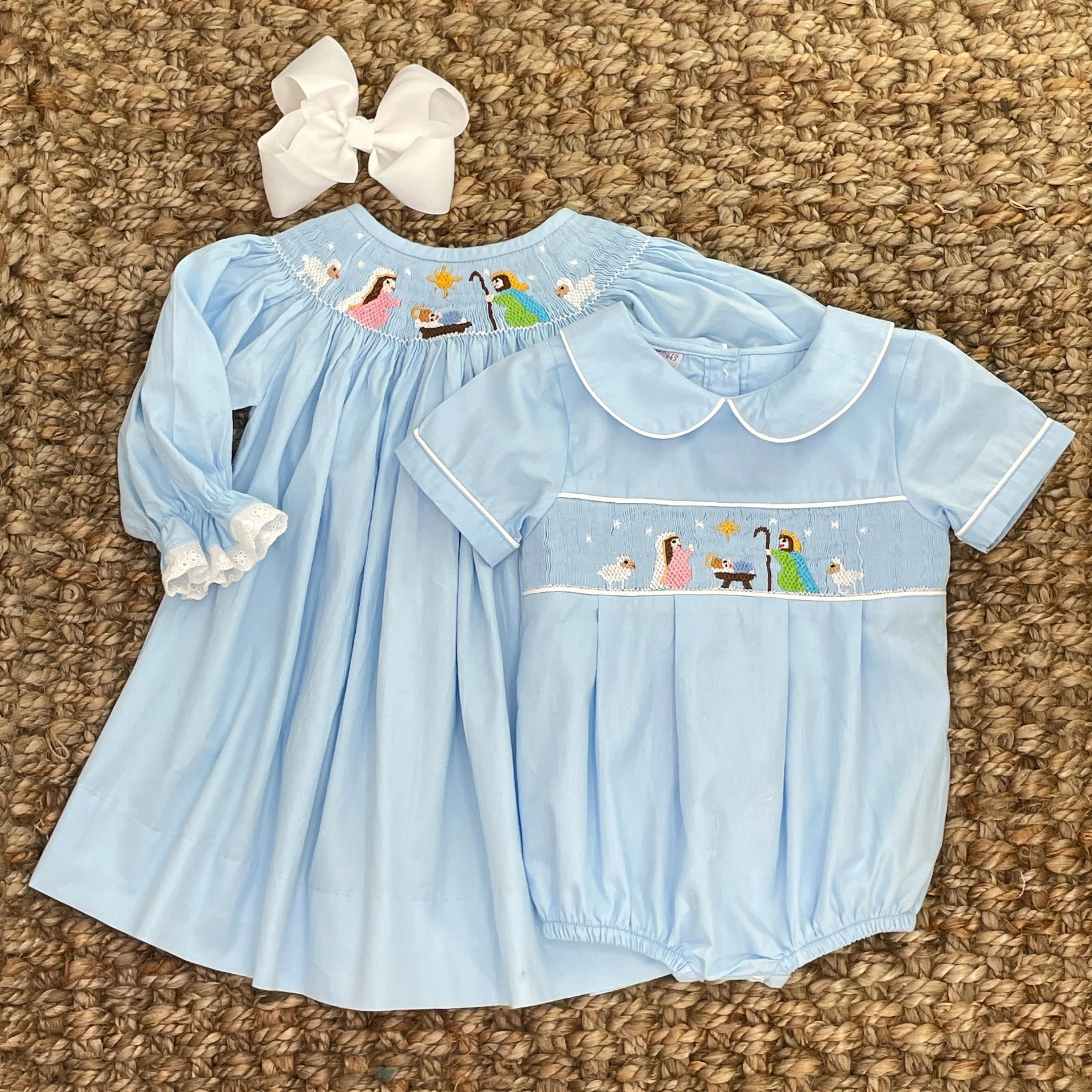 Nativity Smocked Boys Bubble in Light Blue