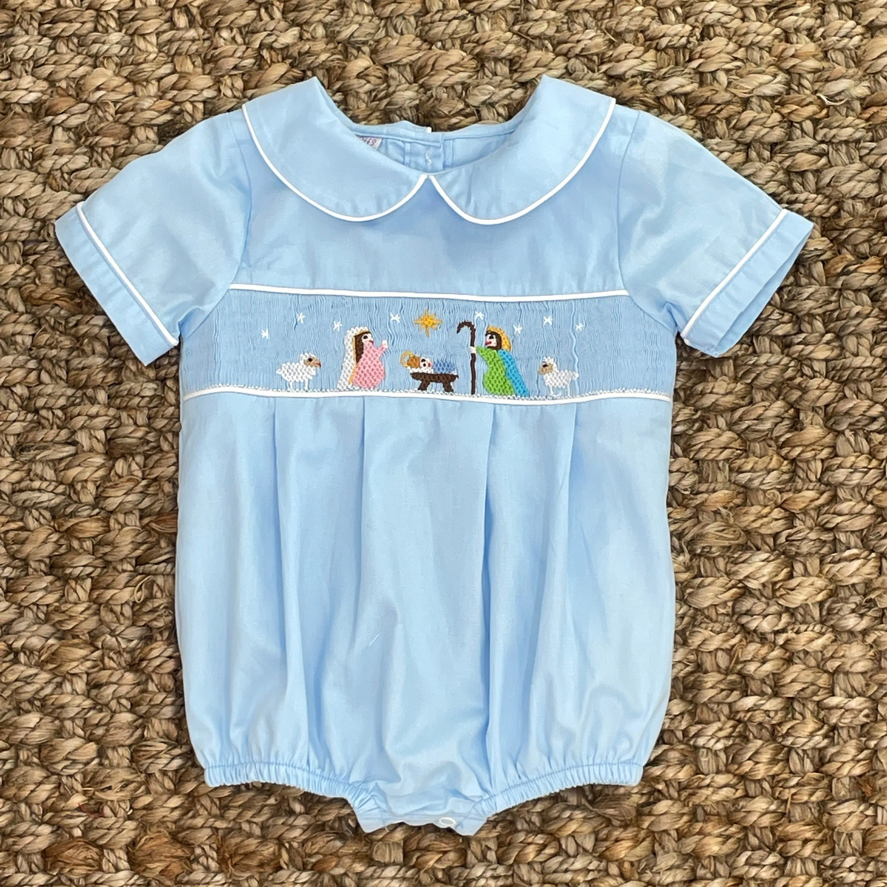 Nativity Smocked Boys Bubble in Light Blue