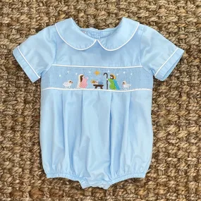 Nativity Smocked Boys Bubble in Light Blue