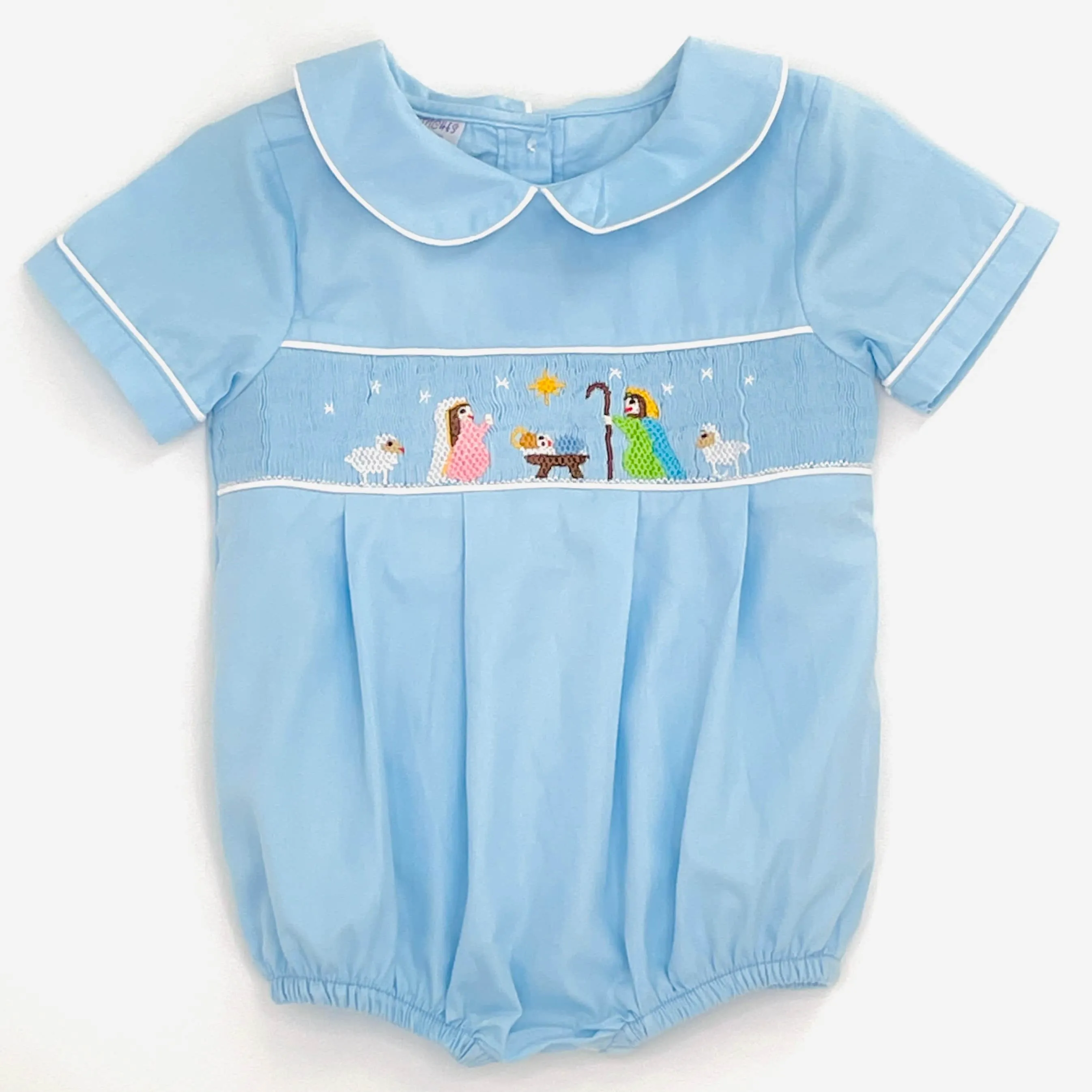 Nativity Smocked Boys Bubble in Light Blue