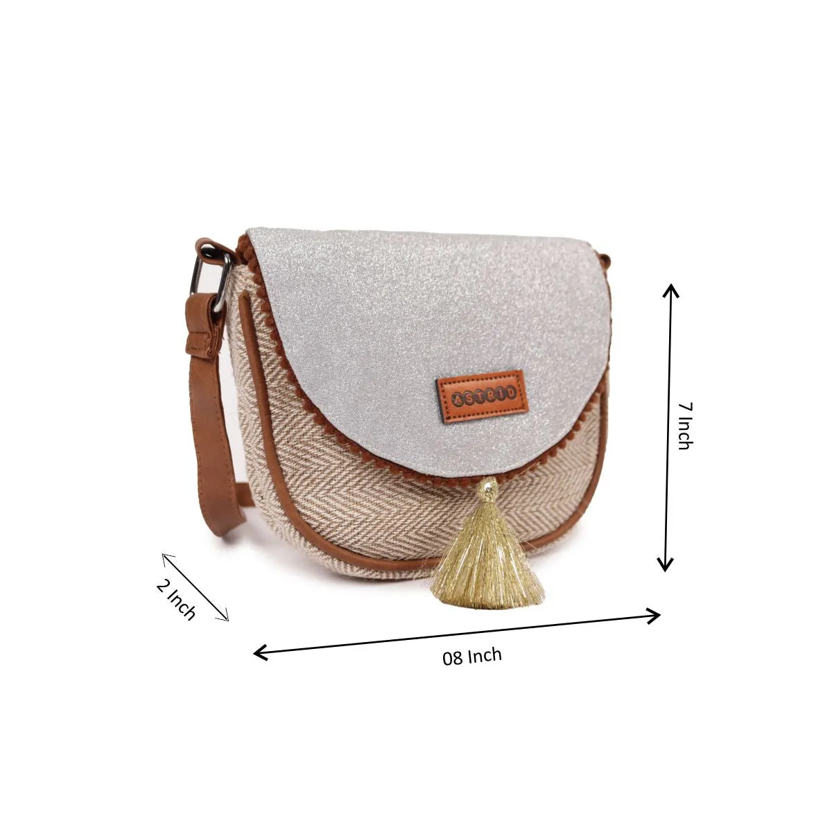 Natural Cotton Jute Fabric With Glitter Siliver Sheet Flap Crossbody Sling/Travel Pouch With Adjustable Pu Handle