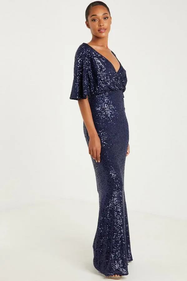 Navy Sequin Wrap Dress