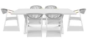 Noosa Rectangle 7 Piece Outdoor Setting in Arctic White with Rope Chairs