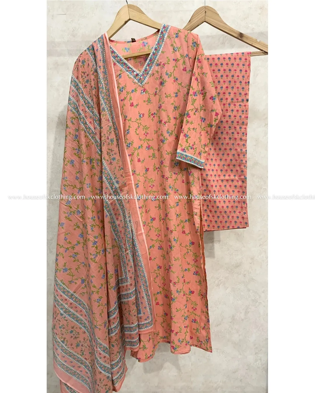 Peach Floral Cotton Printed Kurta Set