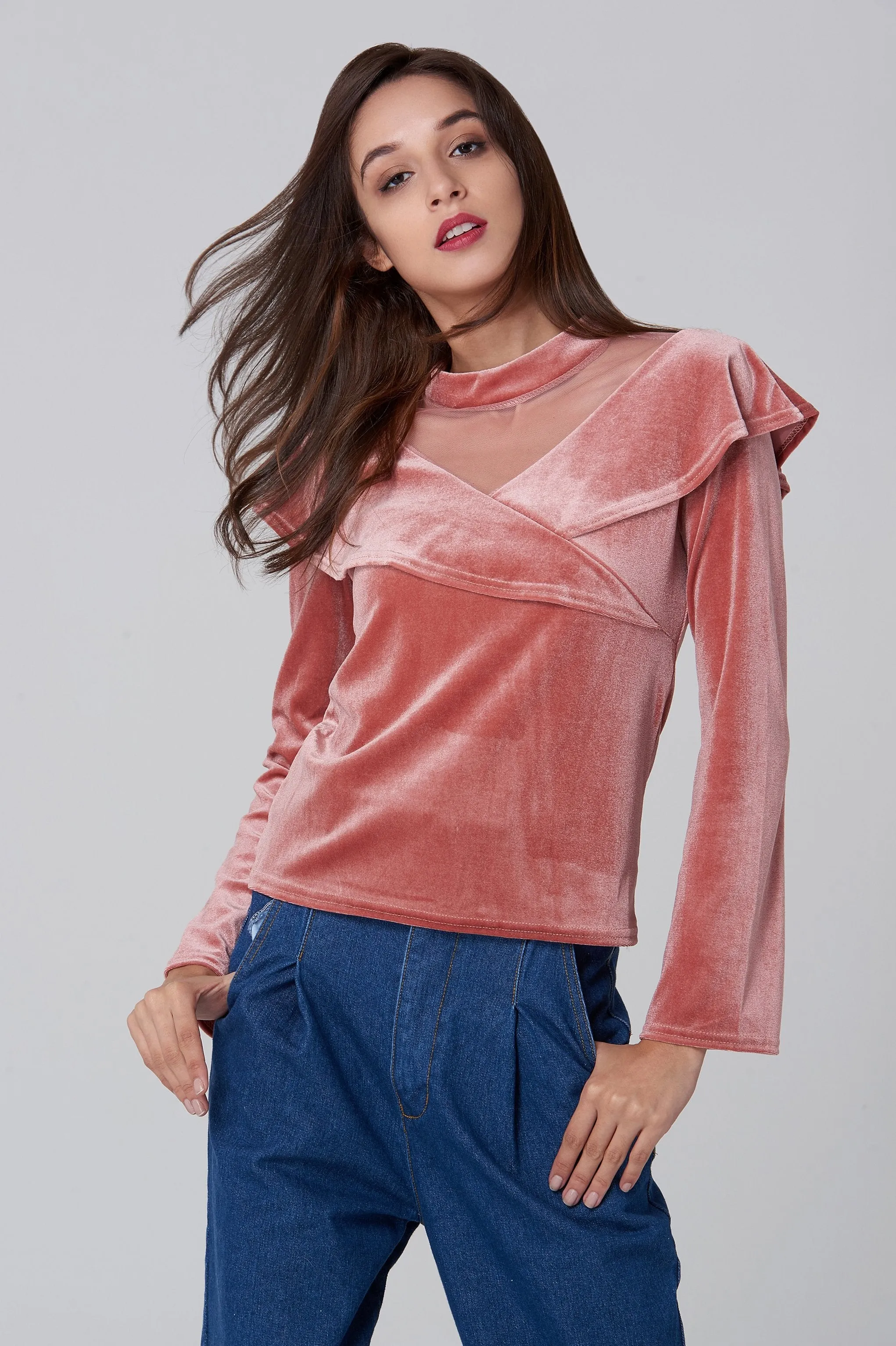 Pink Velvet Shawl Lapel Top