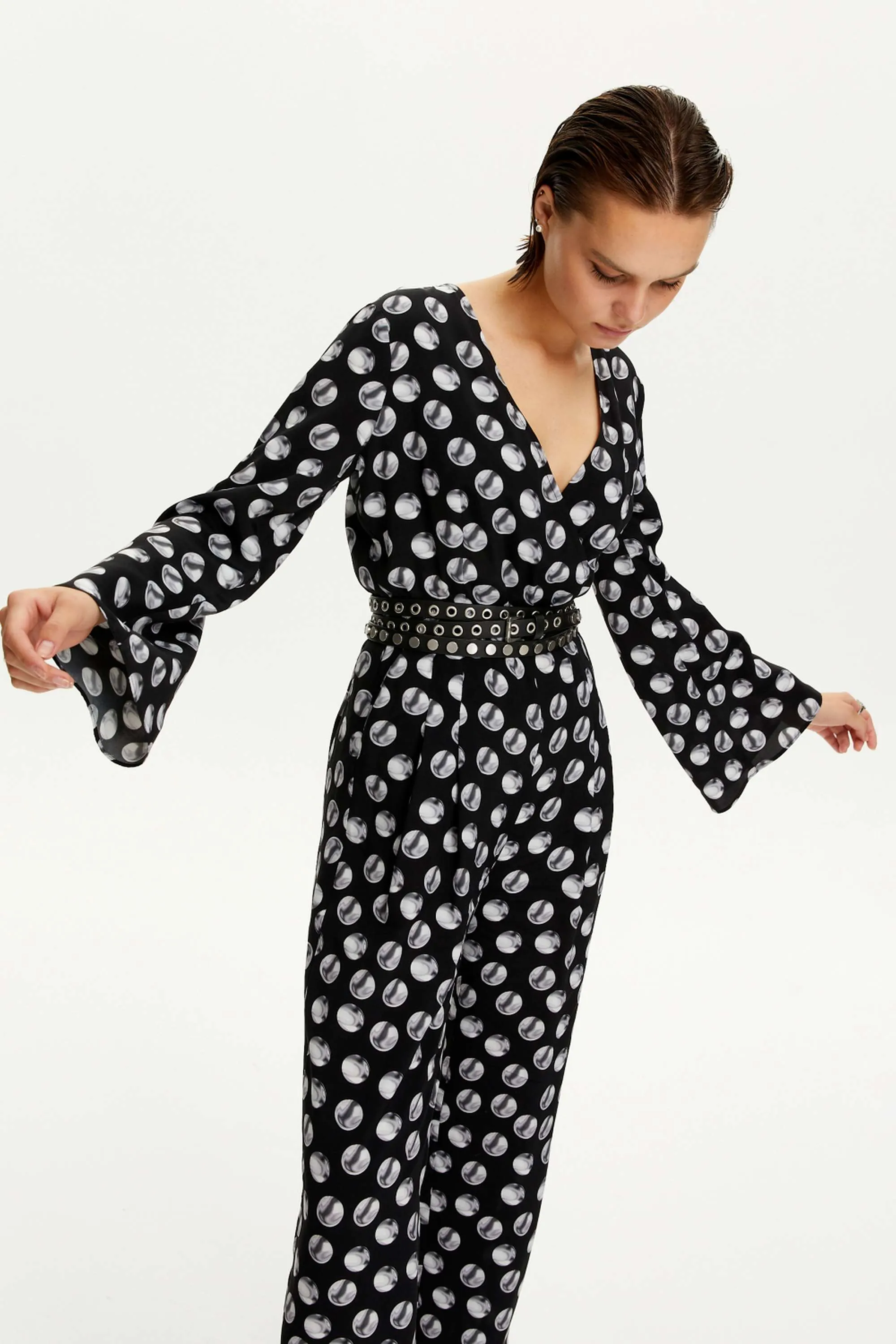 Printed V-Neck Belted Jumpsuit